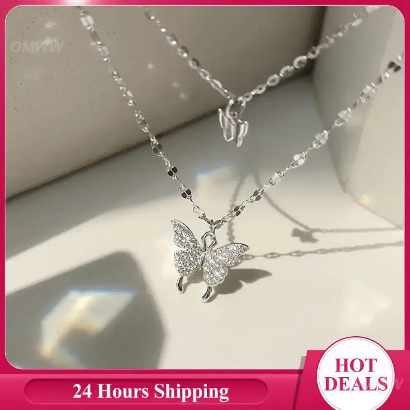 Metal Color: Light Yellow Gold Color, Ships From: CHINA - Necklace Unique Design Exquisite Sparkling Pendant Necklace Flash Double Layer Butterfly Pendant Joker Necklace
