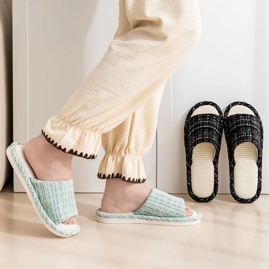 Color: Grass-Green, Shoe Size: 38-39 - 2024 New Women's Fashion Home Linen Couple Slippers Breathable Home Shoes Moisture Absorbing Anti slip Cotton Linen Slippers