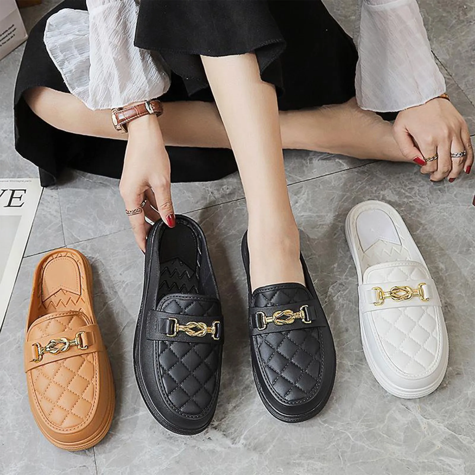 Color: WHITE, Shoe Size: 39 - Summer New Style Women's Soft Bottom Anti-slip Versatile Outer Wear Beach Flat Bottom Lazy Person One Step Casual Half Slippers