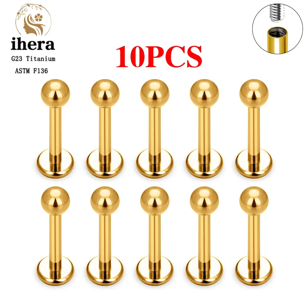 Metal color: Gold-color, Ships From: CHINA, Main Stone Color: Silver - 10PCS G23 Titanium Labret Piercing Lip Ring 16G F136 Internal Thread Nose Stud Earring Tragus Helix Cartilage Piercing Jewelry