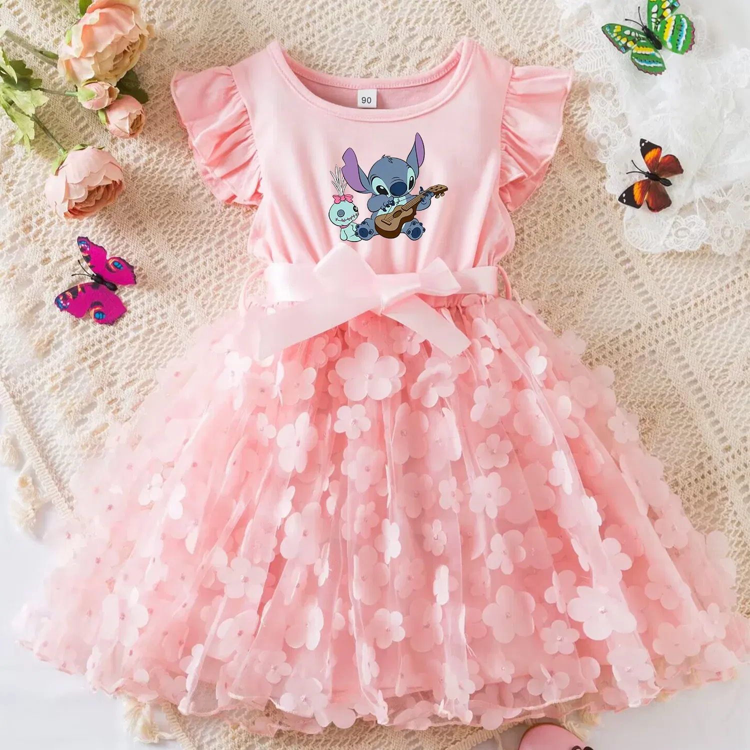Color: black, Size: S - 3D Butterfly Cute Lilo Stitch Summer Dress for Kid's Casual Clothes Baby Girls Beautiful Princess Dress Party Dresses 2-6 Yrs