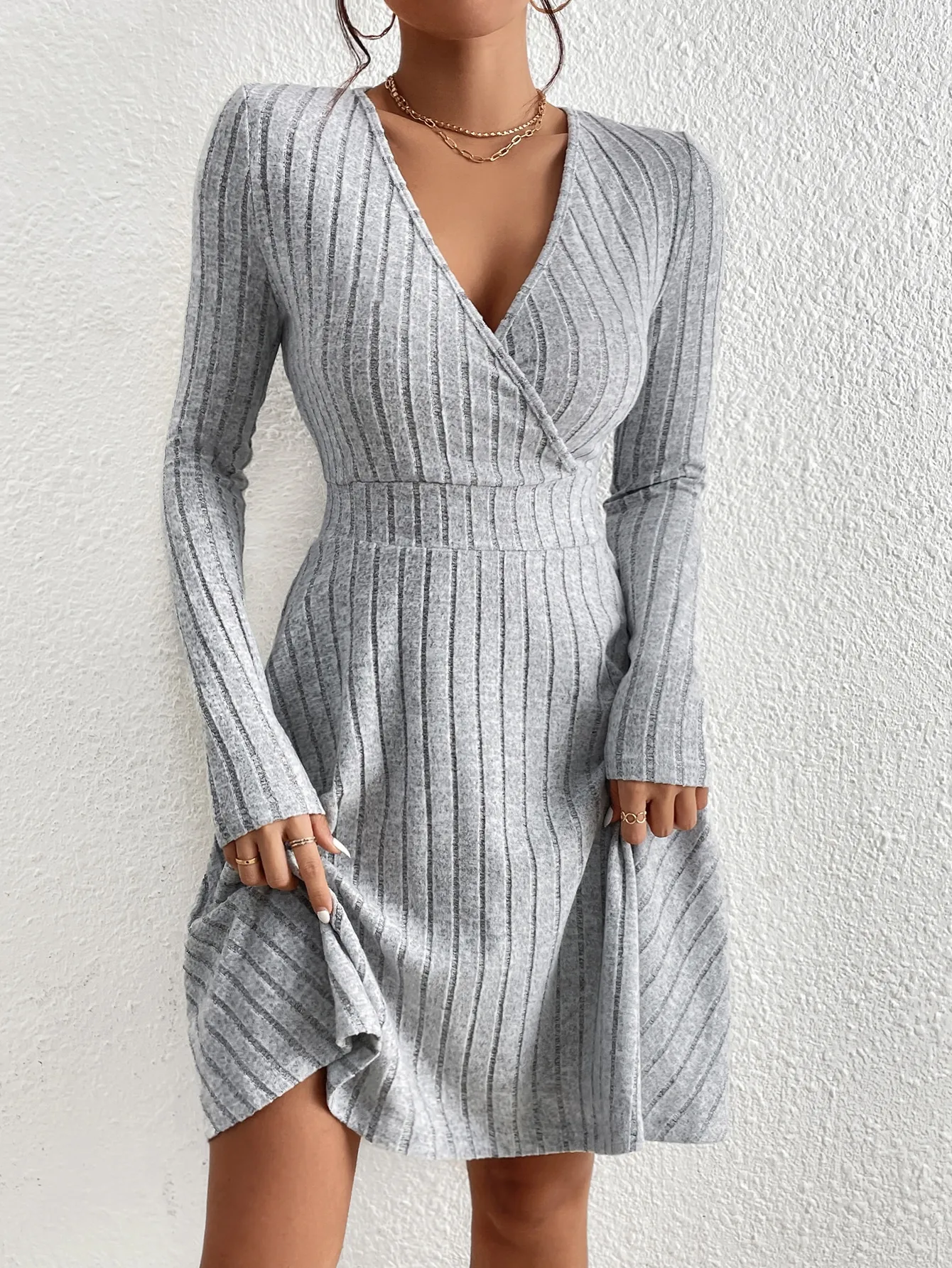 Color: army green, Size: M - New for autumn/Winter 2024 Women Knit Slim Sexy Bodycon Dress V-Neck Long Sleeve Dress Solid Casual Midi Sweater Dress