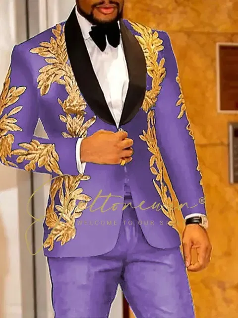 Color: Lavender, Size: S - Luxury Groom Wedding Tuxedos Gold Sequins Appliques Black Men Suits Slim Fit Costume Homme Marriage Prom Suits