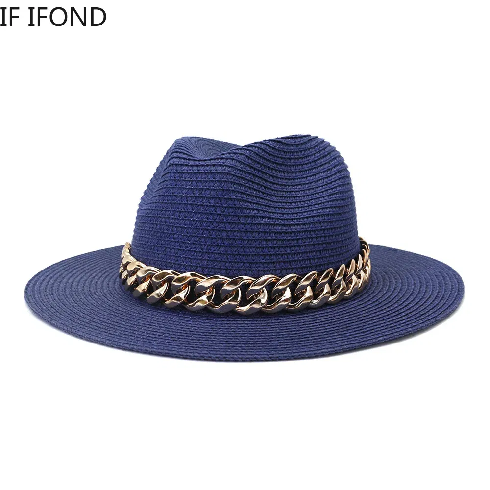 Color: Khaki, Size: M - Fashion Gold Chain Belt Panama Straw Hats For Women Summer Breathable Beach Sun Hats Elegant Ladies Party Jazz Hat