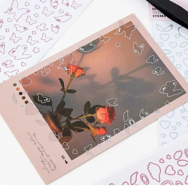 Color: green - 1 Sheet Transparent Flash Laser Line Stickers Decorative Stationery DIY Scrapbooking Material Pvc Stickers Cute Album Stick