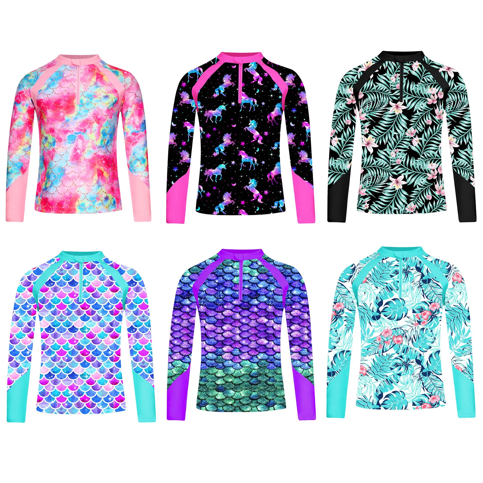 Color: Gold, Kid Size: 3M - Girls Swim Top Floral Printed Rash Guard T Shirt Long Sleeve Mermaid Costume Swimwear Beachwear UPF 50+ Surfing Bathing Tops