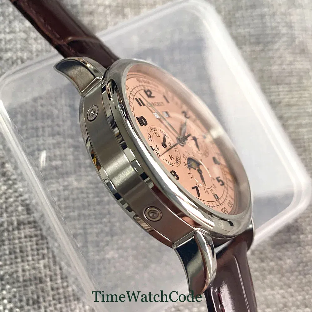 Color: Blue - Corgeut 42mm Automatic Men's Watch Date Day Month Year Rose Gold Dial Multifunction 316L Leather Strap Polished Case Day Night