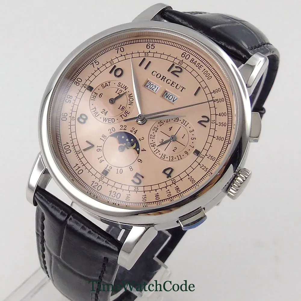 Color: Blue - Corgeut 42mm Automatic Men's Watch Date Day Month Year Rose Gold Dial Multifunction 316L Leather Strap Polished Case Day Night