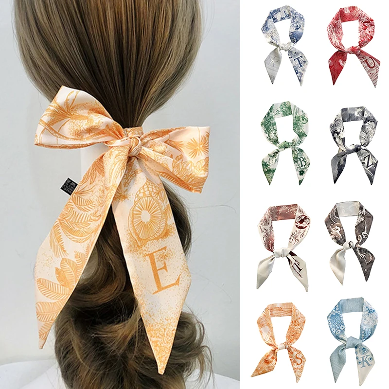 Color: Red - Sketch Style 26 Letters Temperament Small Scarf Long Silk Scarf Hair Band Narrow Headband Hair Tie Bag Handle Hair Accessories