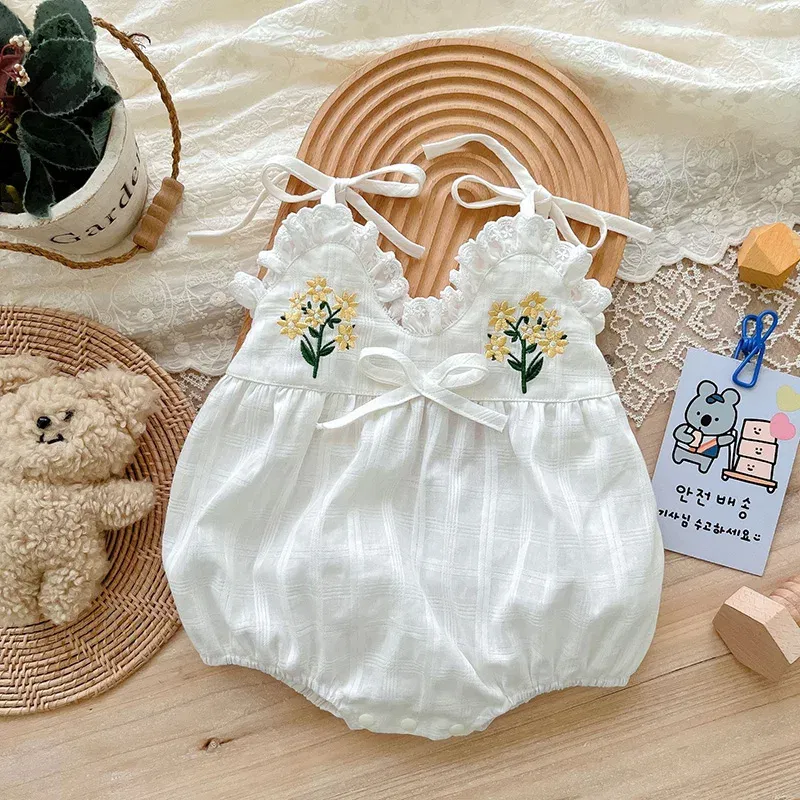 Color: Beige, Ships From: CN, Kid Size: 18M - 2025 Summer Charming Sleeveless Bow Tie Flower Embroidered Infant Newborn Girls One Piece Bodysuits Soft Baby Girl Lace Jumpsuit