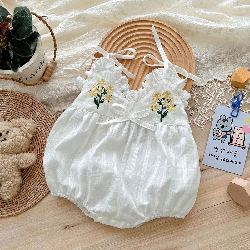 Color: Beige, Ships From: CN, Kid Size: 18M - 2025 Summer Charming Sleeveless Bow Tie Flower Embroidered Infant Newborn Girls One Piece Bodysuits Soft Baby Girl Lace Jumpsuit