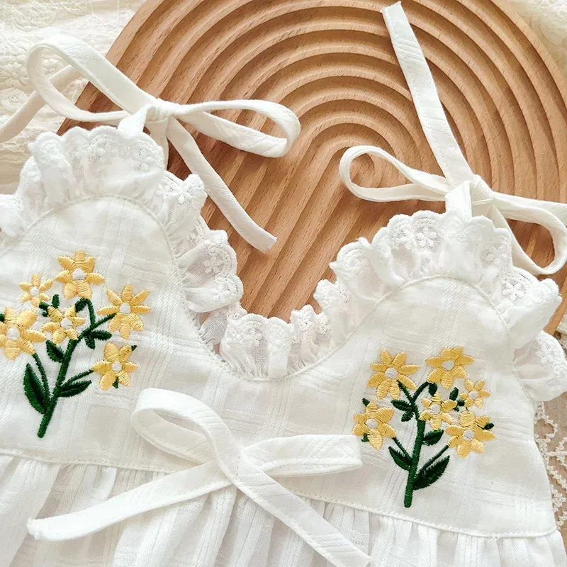 Color: Beige, Ships From: CN, Kid Size: 18M - 2025 Summer Charming Sleeveless Bow Tie Flower Embroidered Infant Newborn Girls One Piece Bodysuits Soft Baby Girl Lace Jumpsuit