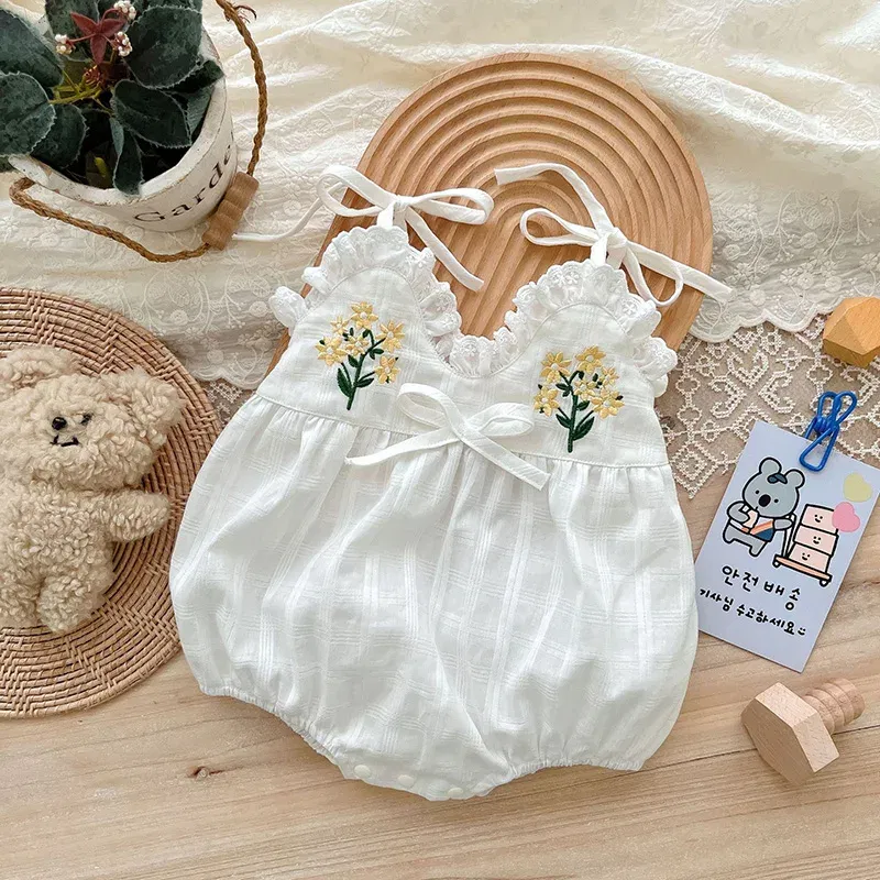 Color: Beige, Ships From: CN, Kid Size: 18M - 2025 Summer Charming Sleeveless Bow Tie Flower Embroidered Infant Newborn Girls One Piece Bodysuits Soft Baby Girl Lace Jumpsuit
