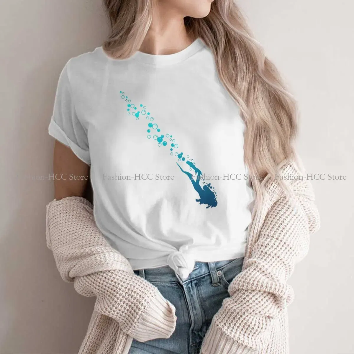 Color: WHITE, Size: XL - Blue Diver Hipster Polyester TShirts Dive Scuba Diving Female Harajuku Streetwear T Shirt O Neck