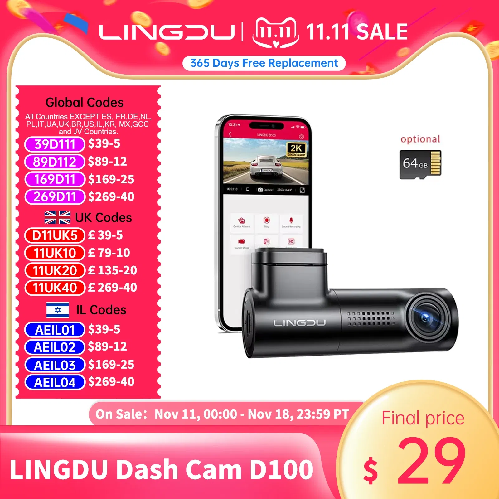 Color Name: black, Ships From: CHINA, Sd Card Memory: 8g - LINGDU D100 2.5K Dash Cam Front MINI Dash Camera for Cars Voice Control WDR Car DVR Parking Mode Built-in GPS WiFi Night Vision