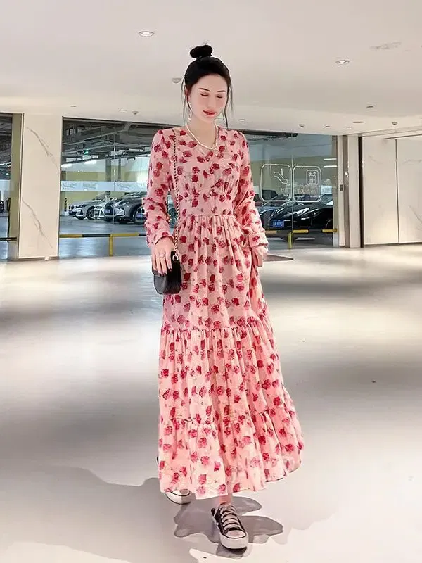 Color: Beige, Size: L - Chiffon floral dress 2024 spring/summer new high waisted slimming knee length skirt light luxury French style large skirt 3FWF