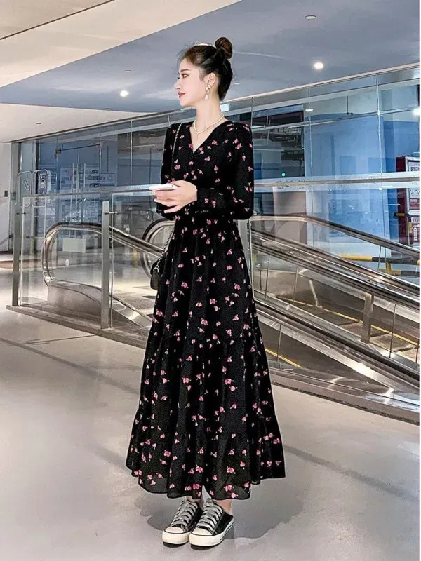 Color: Beige, Size: L - Chiffon floral dress 2024 spring/summer new high waisted slimming knee length skirt light luxury French style large skirt 3FWF