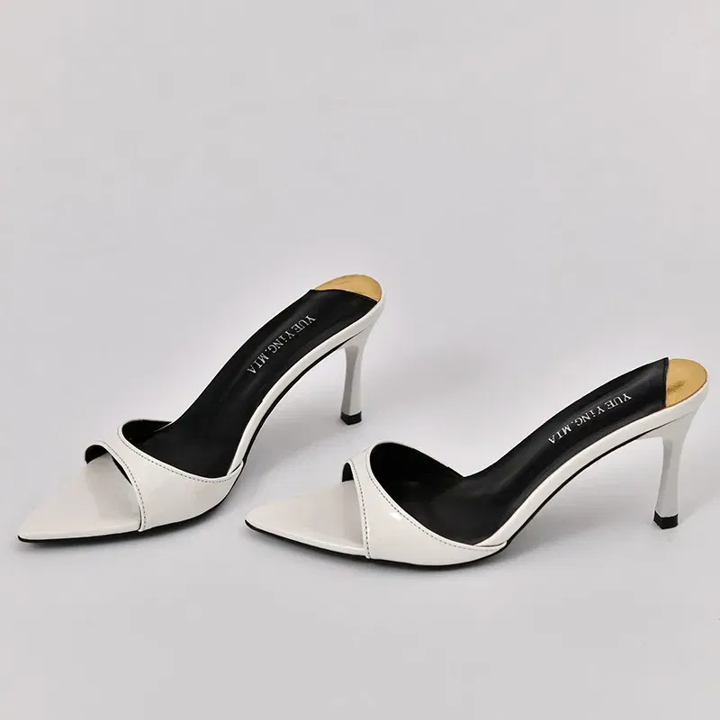 Color: Khaki, Shoe Size: 35 - Pointed Stiletto Heels Women Pumps Patent Leather 2024 Summer Designer Mule Sandals Elegant Sexy Office High Heels Women Shoes