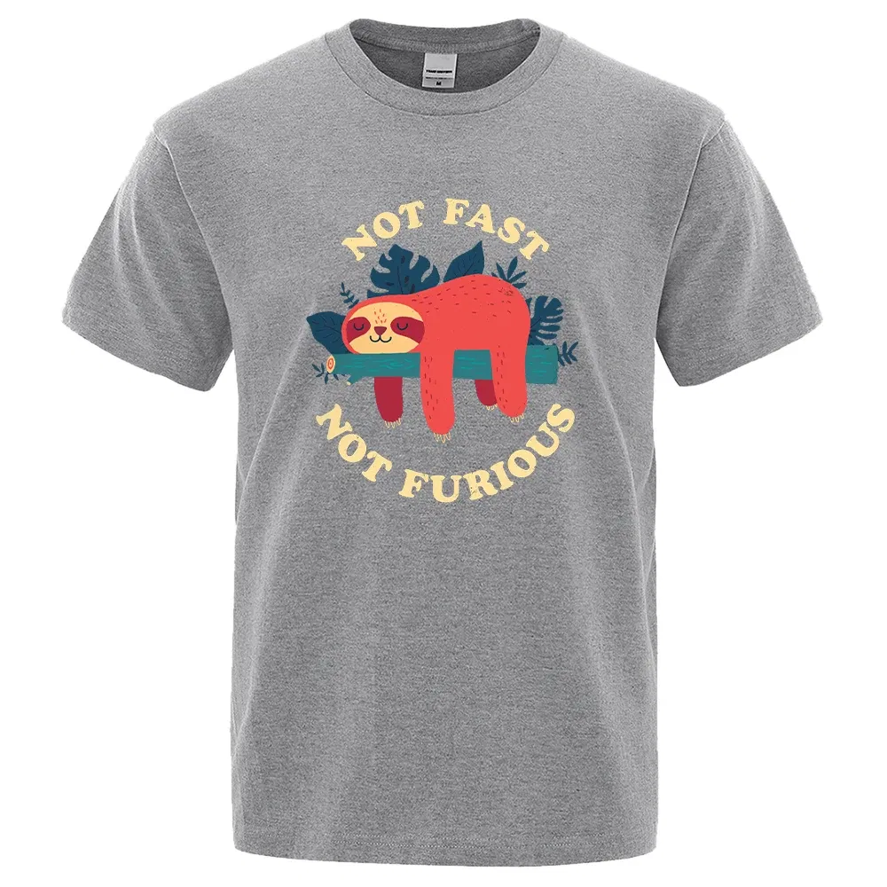 Color: GRAY, Size: XXL - Not Fast Not Furious Sloth Cute Print Men Tee Shirts Breathable Cotton Tops Street Fashion T-shirt Women Casual Summer T Shirts