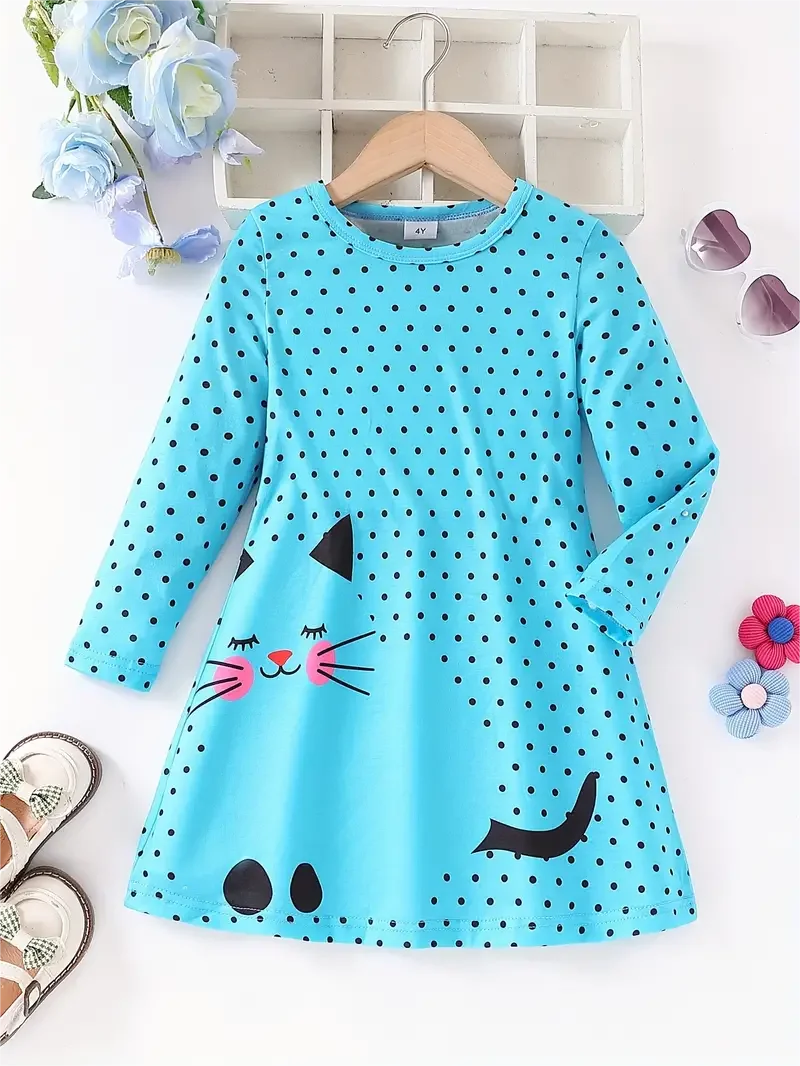 Kid Size: 4T - Dots & Kitty Print Girls Long Sleeve Dress, Spring and Autumn everyday sweet casual dress, parties, gifts