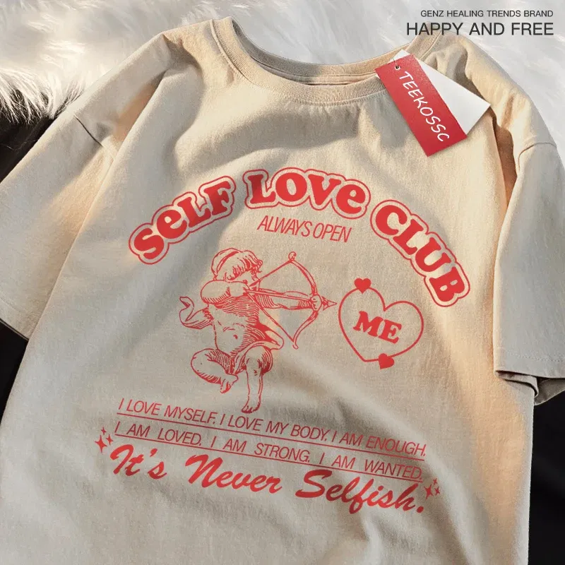 Color: green, Size: XL - Self Love Club Fun Cupid Men Women T Shirts Breathable Street Tee Clothes Cotton Summer Fashion Loose Casual Oversized T Shirt