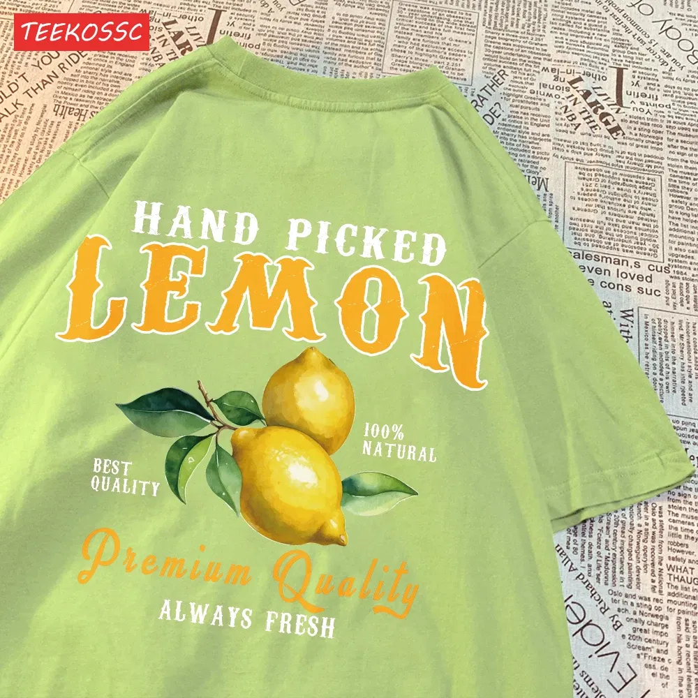 Color: Malachite Blue, Size: S - Summer Lemon Cherries Prints T-Shirts Cotton Women's Tops Oversize O-Neck Soft Short Sleeve tees Street Casual Womans Clothes