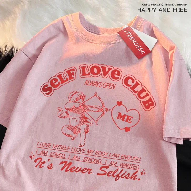 Color: Gold, Size: M - Self Love Club Fun Cupid Men Women T Shirts Breathable Street Tee Clothes Cotton Summer Fashion Loose Casual Oversized T Shirt