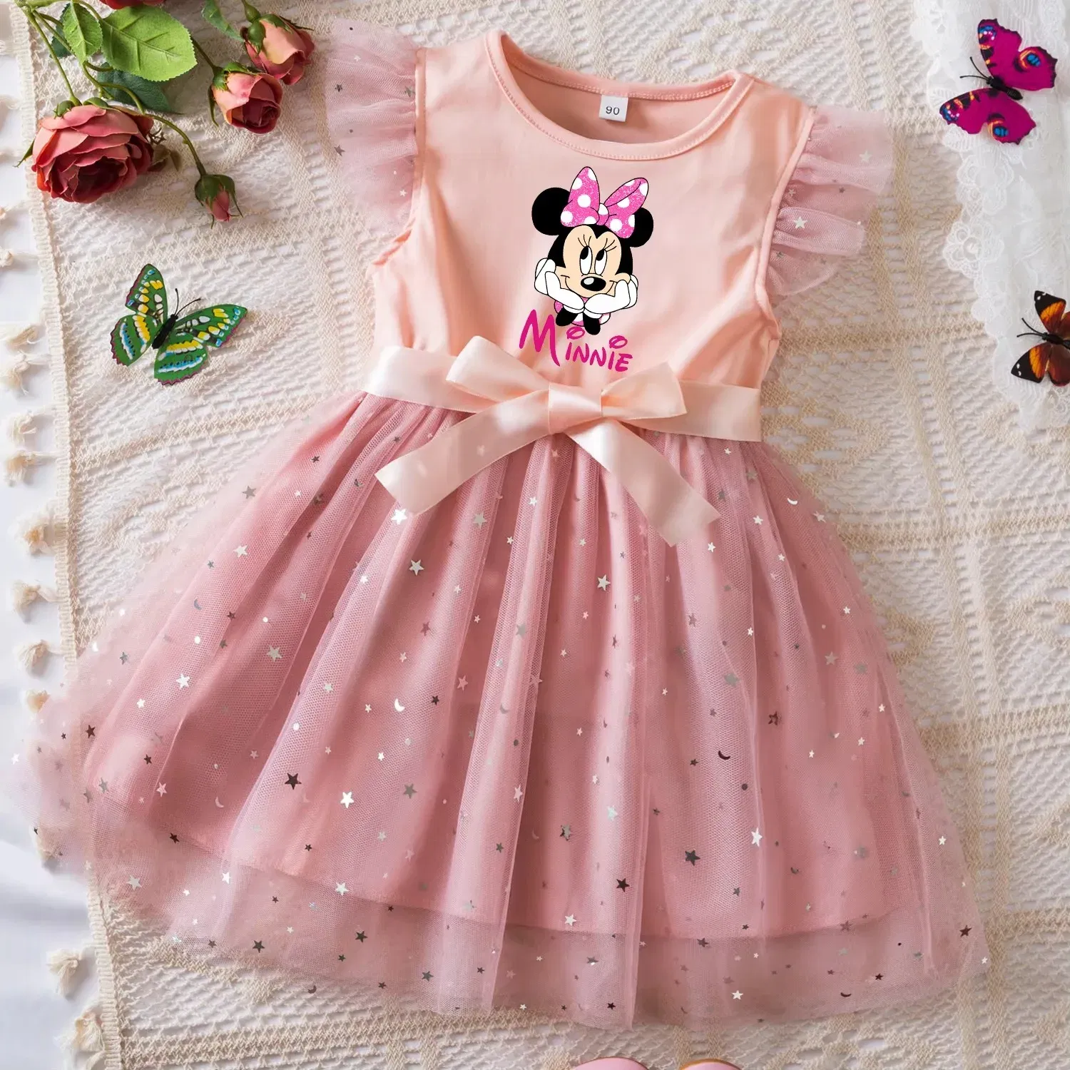 Color: GRAY, Size: M - Mickey Minnie Mouse Girls Summer Clothes Flying Sleeves Bow Sequin Dress 2-6Y Kid Birthday Tutu Princess Dress for Baby Girl