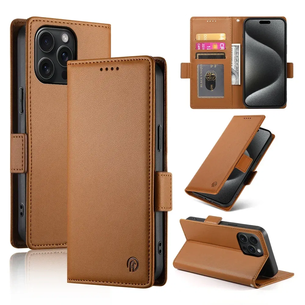 Color: Brown, Material: ABS - PU Leather Flip Phone Case For iPhone 16 15 Pro Max 16E 14 13 1211 XS Max XR X 8 7 Plus SE KickStand Cards Solt Wallet Cover