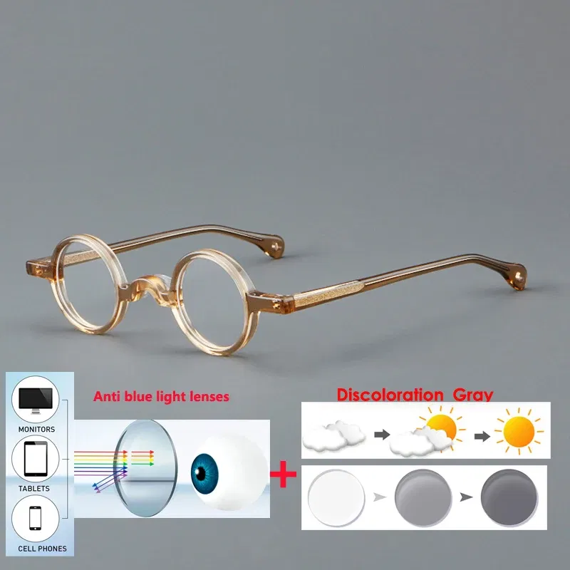 Frame Color: Ginger, Eye Prescription: 0 - VCKA Photochromic Acetate Myopia Glasses Men Retro Small Round Frames Women Custom prescription Anti-Blue  Eyewear -0.5 TO -10