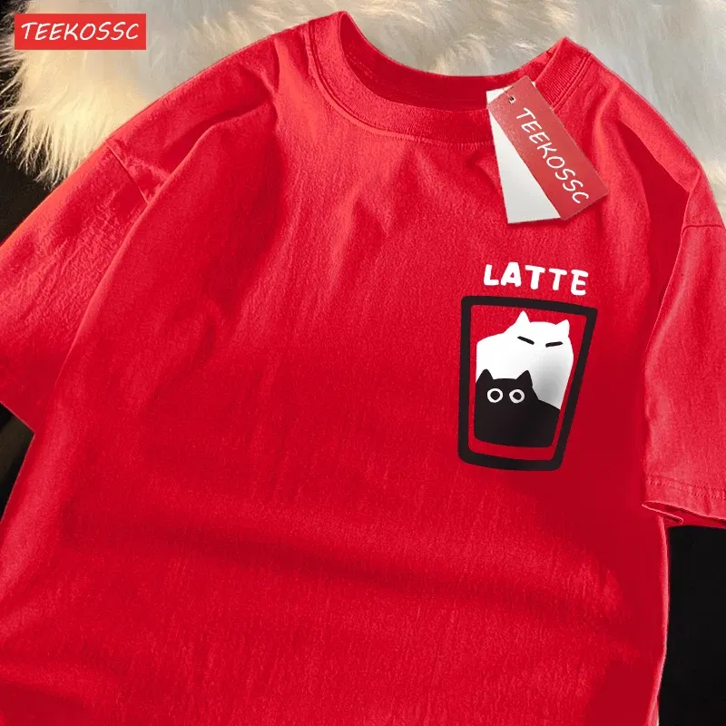 Color: PURPLE, Size: M - Mocha Latte Couple Outfit Cat Coffee Couple Male T-Shirts Graphic Cool Tee Shirt High-Quality Oversized Tshirt Comfort Soft