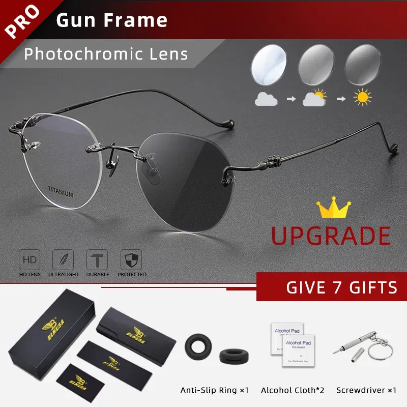 Frame Color: green, Eye Prescription: +350 - BLMUSA Pure Titanium Rimless Anti-blue Light Reading Glasses for Men Round Photochromic Optical Prescription with MR-8 lens