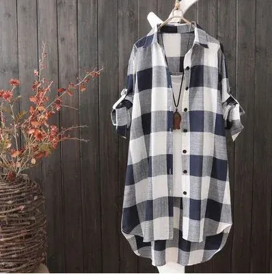 Color: Blue, Size: L - Women's Plaid Cotton Shirt Chic Women Blouse Elegant and Youth Women's Blouses New In External Clothes Korean Style