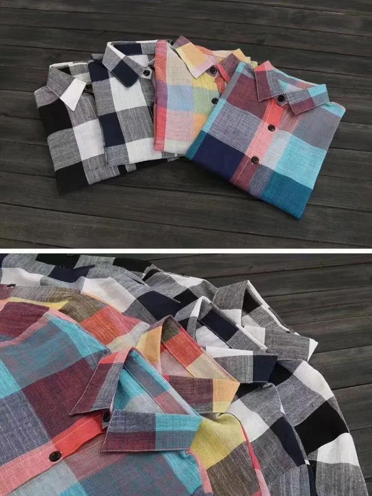 Color: Blue, Size: L - Women's Plaid Cotton Shirt Chic Women Blouse Elegant and Youth Women's Blouses New In External Clothes Korean Style