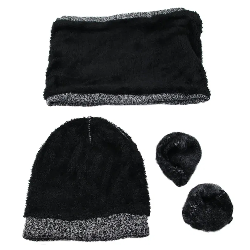 Color: black, Size: One Size - 3 Pieces/Set Winter Women Hats Scarves Gloves Kit Fashion Knitted Plus Velvet Hat Scarf Set For Male Female Beanies Scarf Gloves