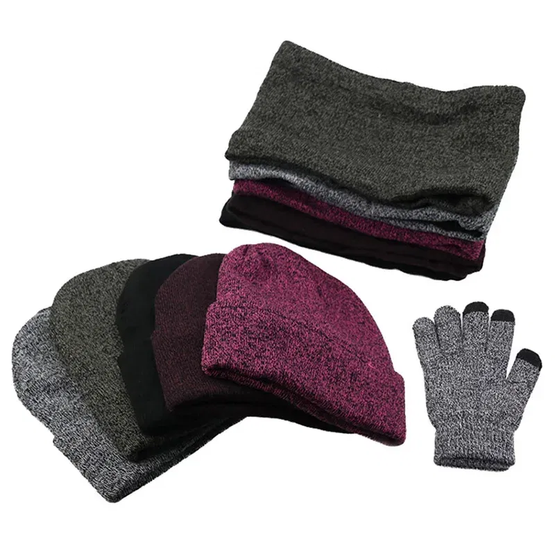 Color: black, Size: One Size - 3 Pieces/Set Winter Women Hats Scarves Gloves Kit Fashion Knitted Plus Velvet Hat Scarf Set For Male Female Beanies Scarf Gloves