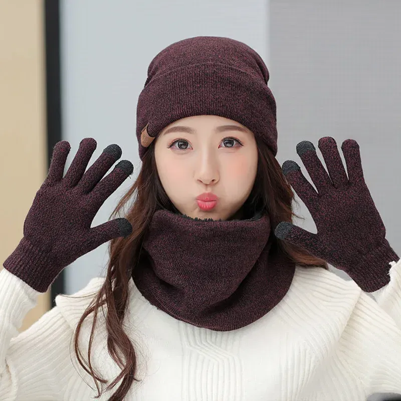 Color: black, Size: One Size - 3 Pieces/Set Winter Women Hats Scarves Gloves Kit Fashion Knitted Plus Velvet Hat Scarf Set For Male Female Beanies Scarf Gloves