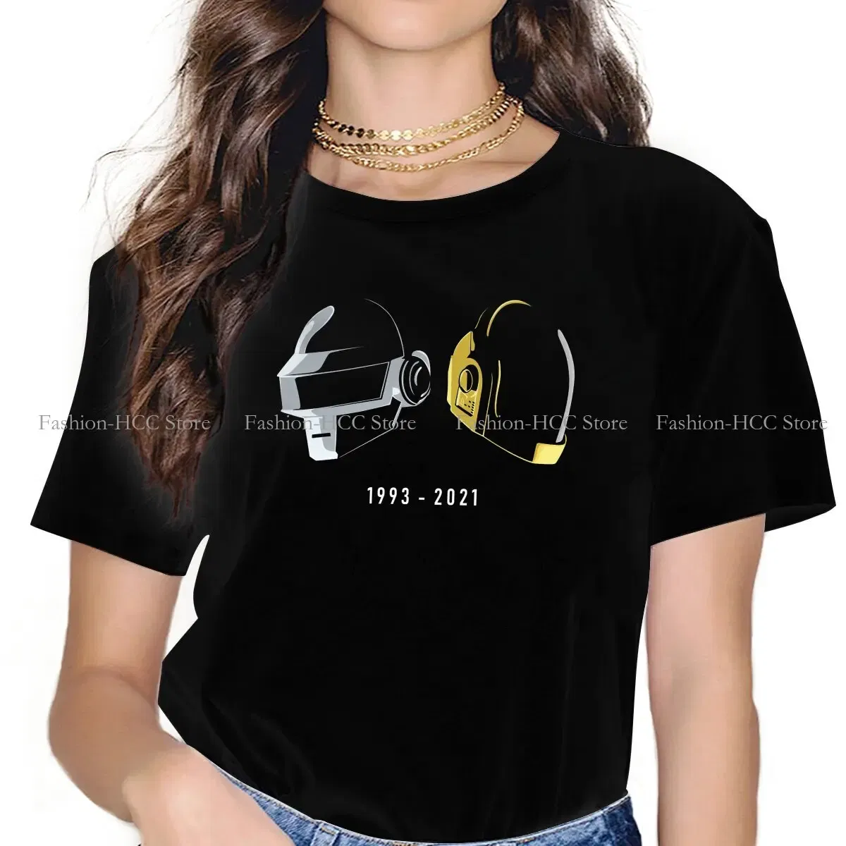 Color: black, Size: L - Daft Punk Electronic Music Band Polyester TShirts Tribute Helmet Art Essential Distinctive Women's T Shirt Hipster Tops