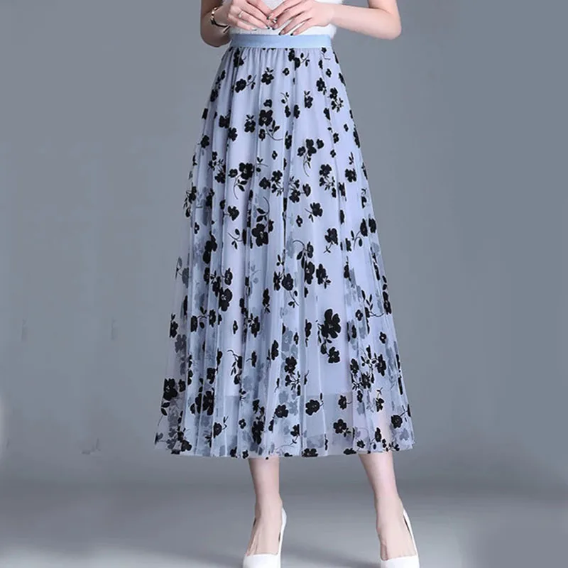 Color: Khaki, Size: L - GIDYQ Korean Women Mesh Skirt Fashion Hook Flower Loose Midi Skirt Elegant Female Casual All Match Skirts Summer New
