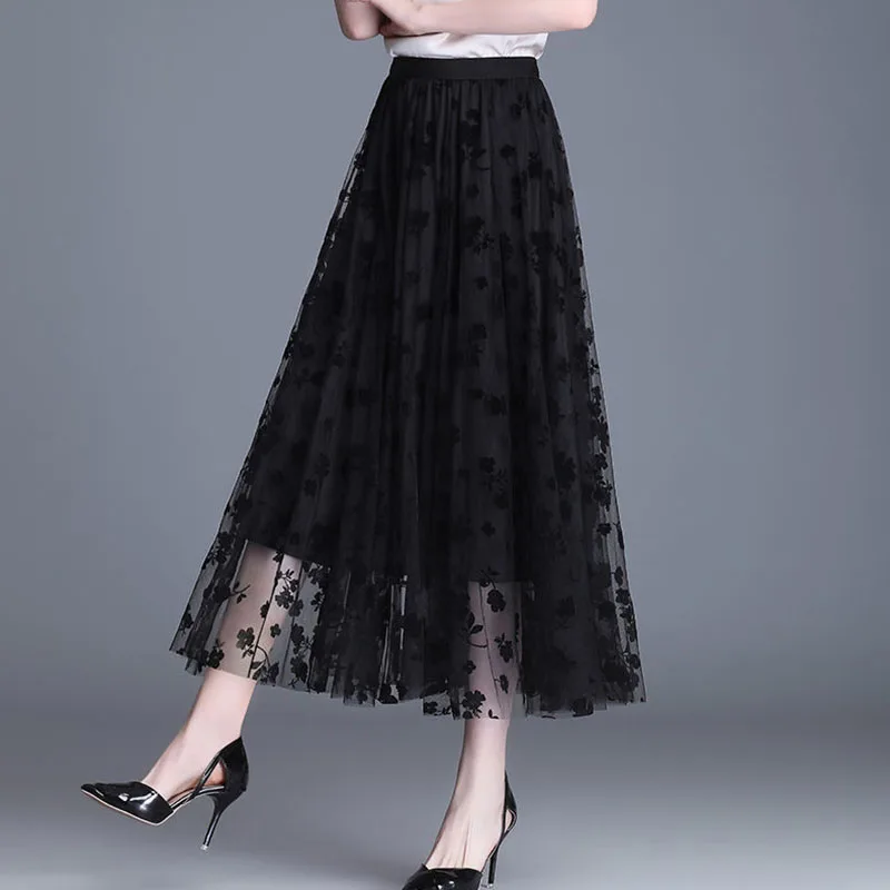 Color: Khaki, Size: L - GIDYQ Korean Women Mesh Skirt Fashion Hook Flower Loose Midi Skirt Elegant Female Casual All Match Skirts Summer New