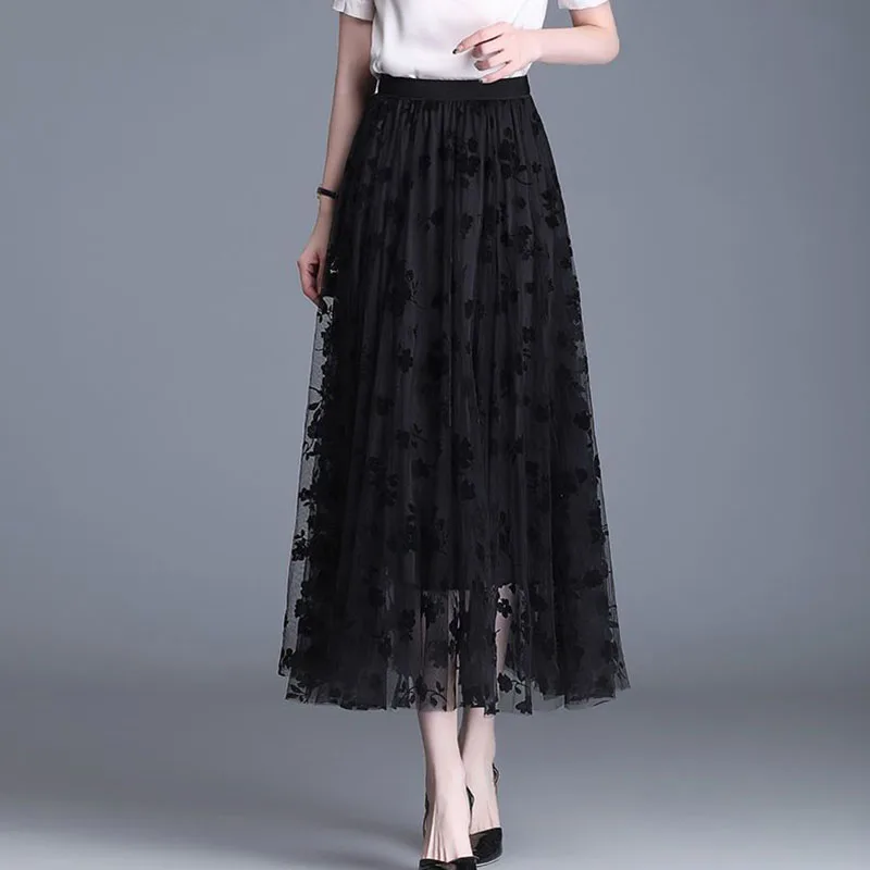 Color: Khaki, Size: L - GIDYQ Korean Women Mesh Skirt Fashion Hook Flower Loose Midi Skirt Elegant Female Casual All Match Skirts Summer New