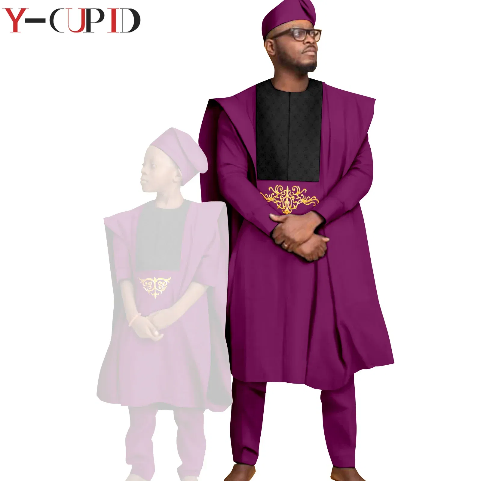 Color: Blue, Size: XXL - African Clothes for Men Top Pants Robes Hat Sets Match Kid Boy Sets Dashiki Father and Son Bazin Riche Family Outfits Y20F001