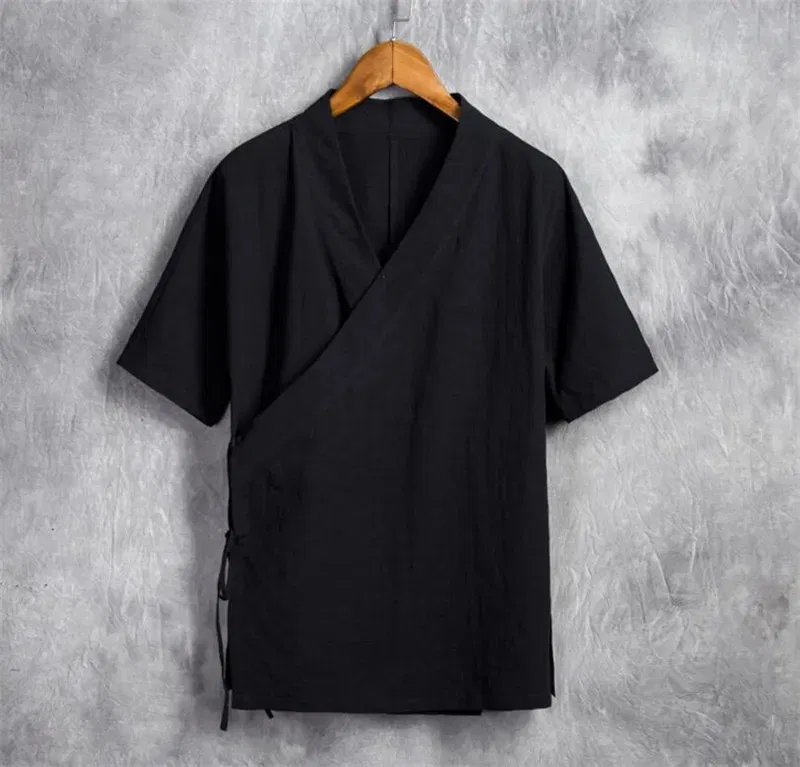 Color: black, Size: M - Men Cotton Linen Short sleeve Kung Fu Shirt Classic Chinese Style Tang Clothing Size M-6XL