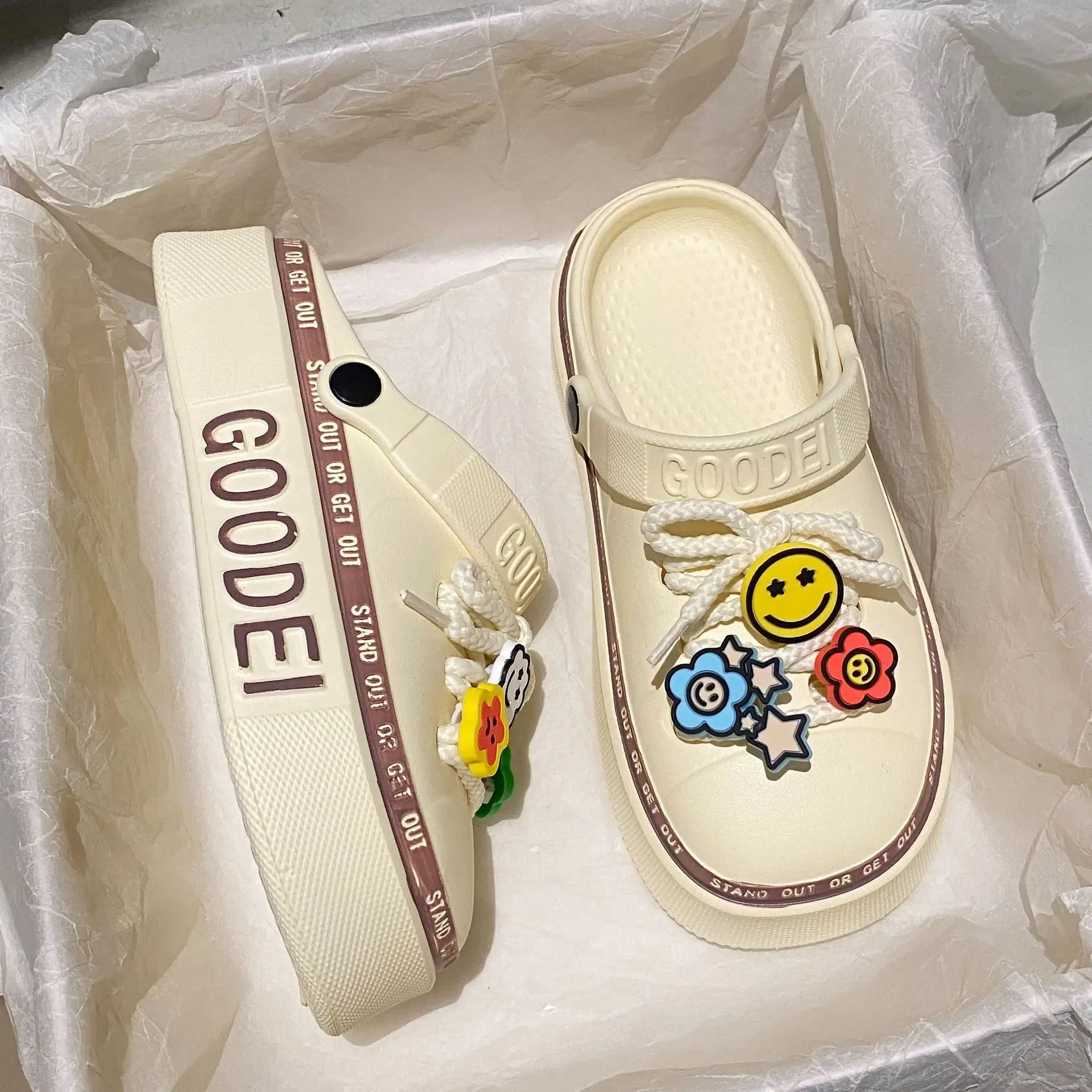 Color: Beige, Shoe Size: 21 - Women Sandals 2024 New Arrival Elegant Clogs Fashion Street Beach Slides Height Increasing Slippers For Girls