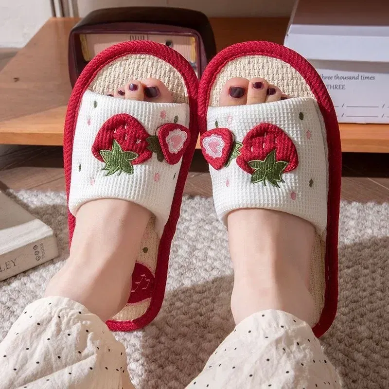 Shoe Size: 36-37, Color: Grape - Strawberry Linen Upper Sweet Home Girl's Soft Soles Silent Non-slip Floor Slippers in Line with Human Bow Science Shoes Sandals
