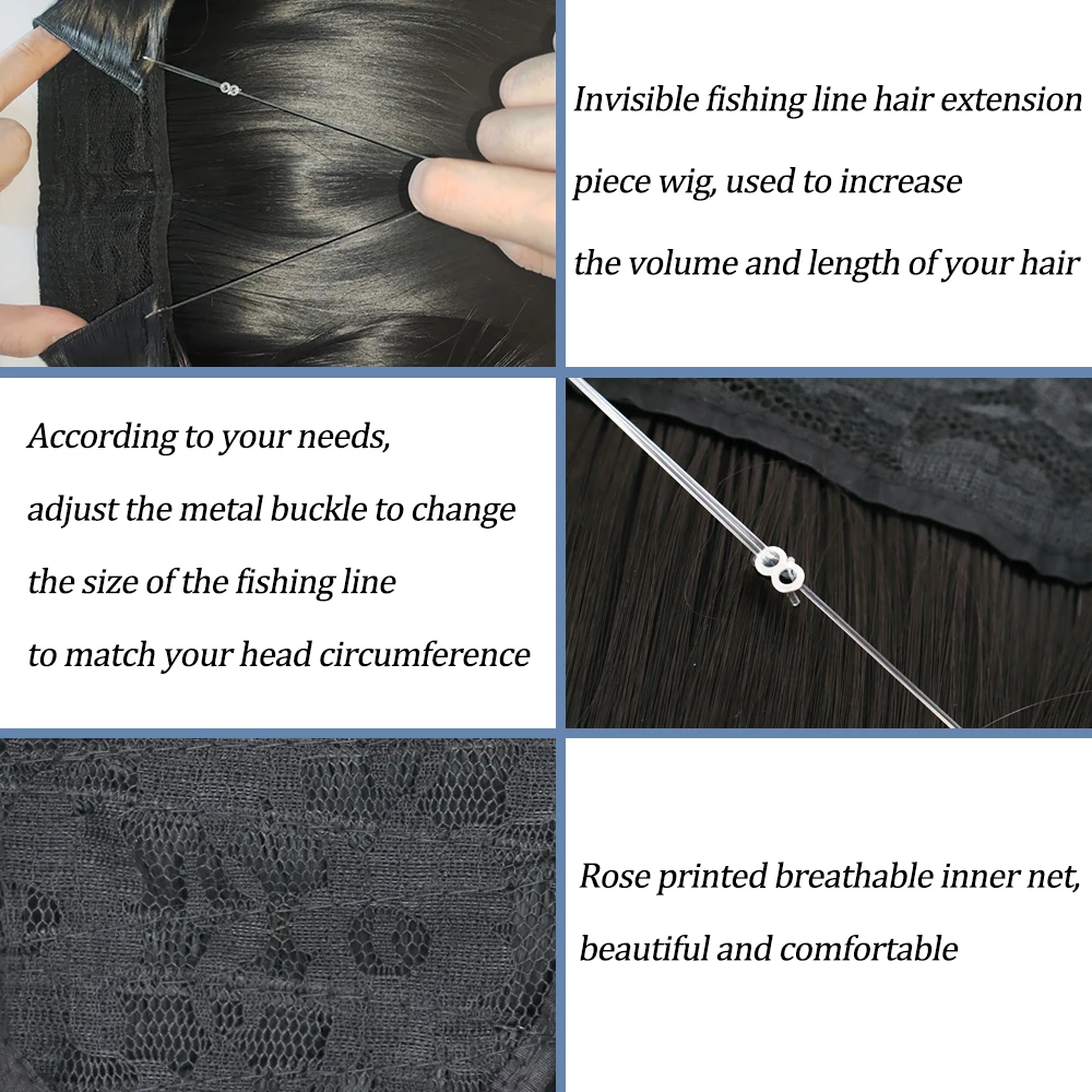 Color: T27/30/4, Stretched Length: 16inches, Ships From: CHINA - Synthetic Natural Wavy No Clip Fish Line Invisible Hair Extensions Mixed Color Blonde Black Artificial False Hair Piece ForWomen