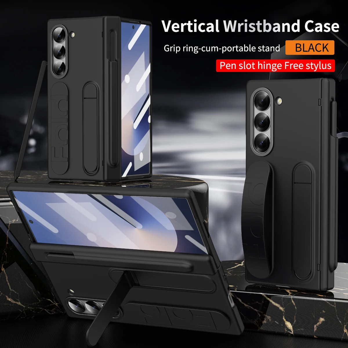 Color: Blue, Material: ABS - Touch Pen Case For Samsung Galaxy Z Fold 6 5 4 3 Skin Friendly Folding Hinge with Elastic Wrist Band Screen Tempered Film Cover