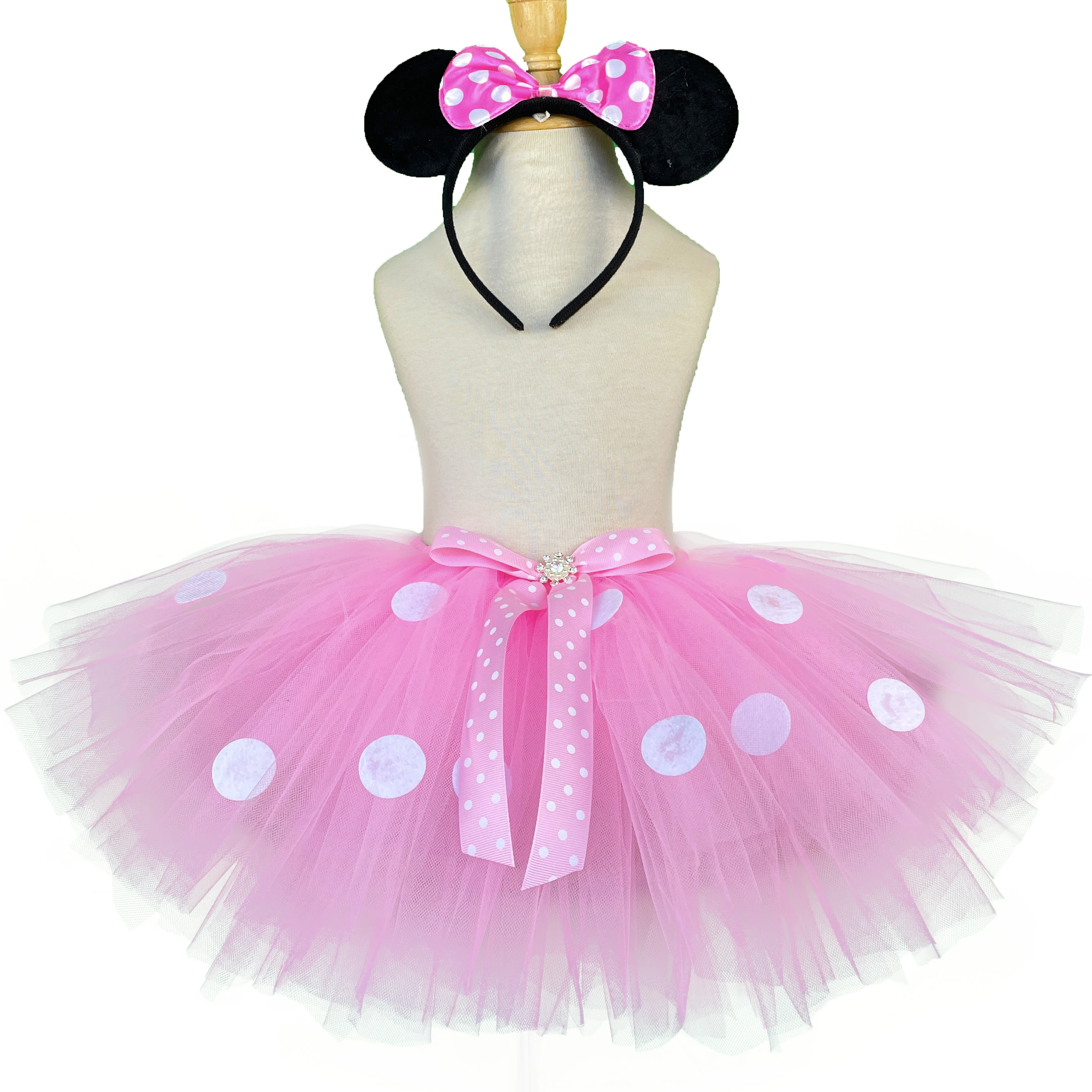 Color: MULTI, Kid Size: 2T - Girls Pink Cartoon Tutu Skirts Baby Ballet Tulle Pettiskirts with White Polka Dots and Hairbow Kids Cosplay Party Costume Skirt
