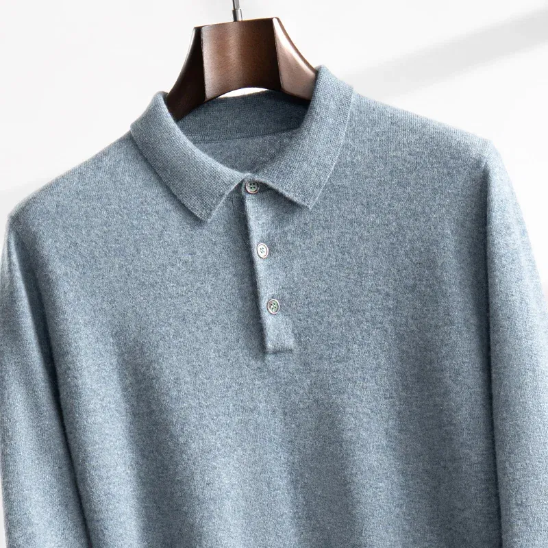 Color: SKY BLUE, Size: XXL - High Quality Men's 100% Cashmere POLO Collar Pullover Soft Elastic Autumn Winter Business Casual Solid Color Knitted Sweater