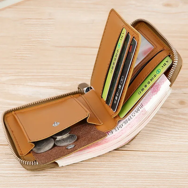 Color: Khaki - Leather Men?™s Wallet Luxury MensPurse Male Zipper Card Holders with Coin Pocket Rfid Wallets Gifts for Men Money Bag